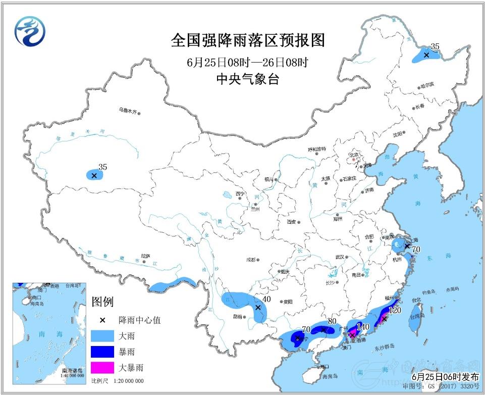 2019年6月25日未来三天全国天气预报